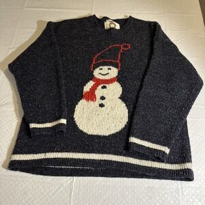 Vintage Christopher Banks Sweater‎ XL Christmas Snowman Hand Navy Embroidered